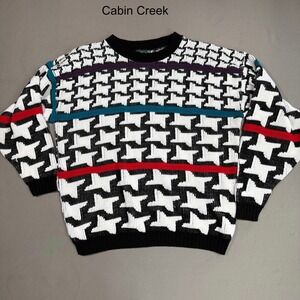 Cabin Creek Vintage Houndstooth Sweater S/M Black‎ White Red Purple Teal Knit